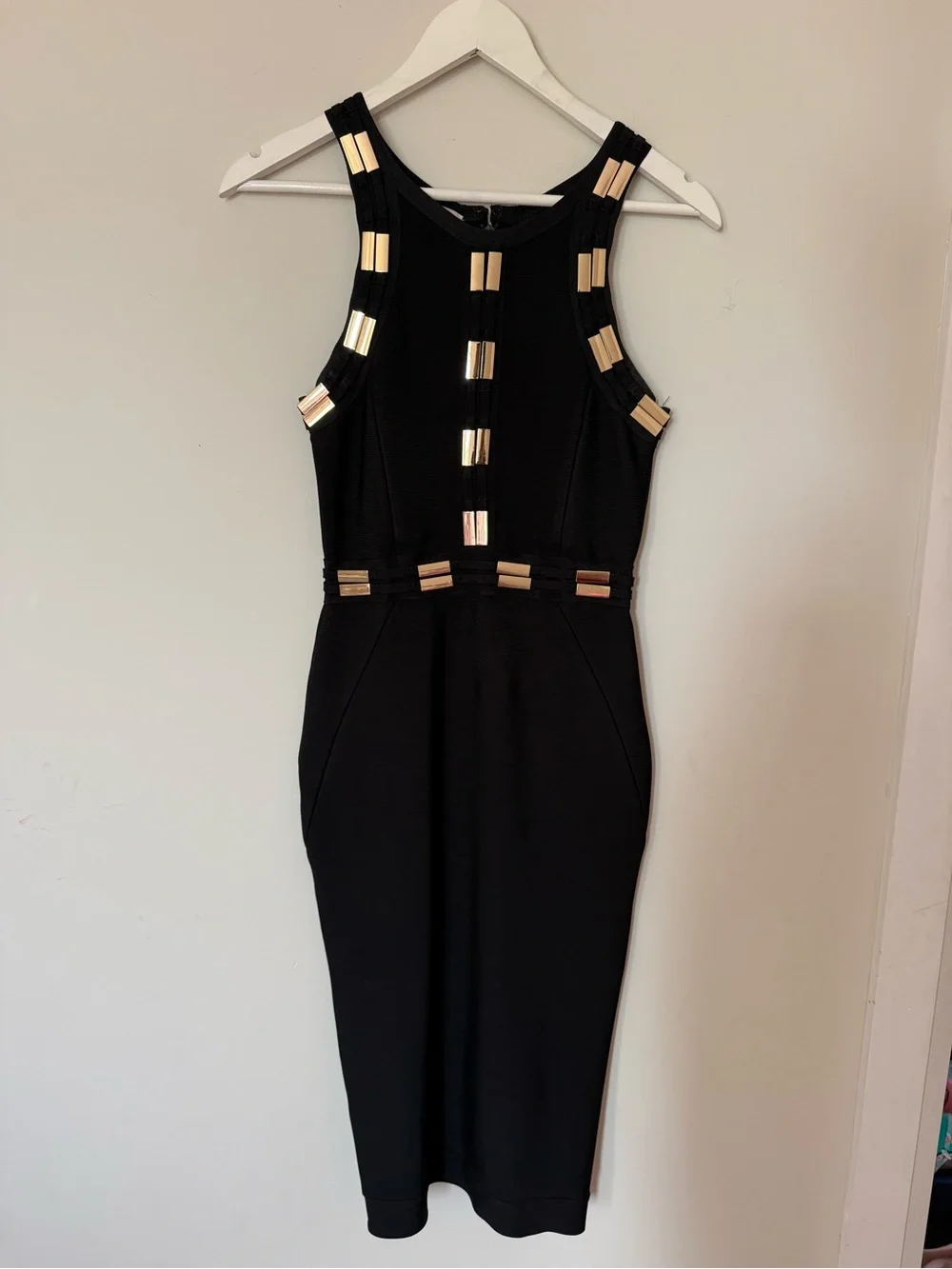 House of CB Black Sleeveless Midi bandage Dress with Champaign gold  Accent - Picture 5 of 5